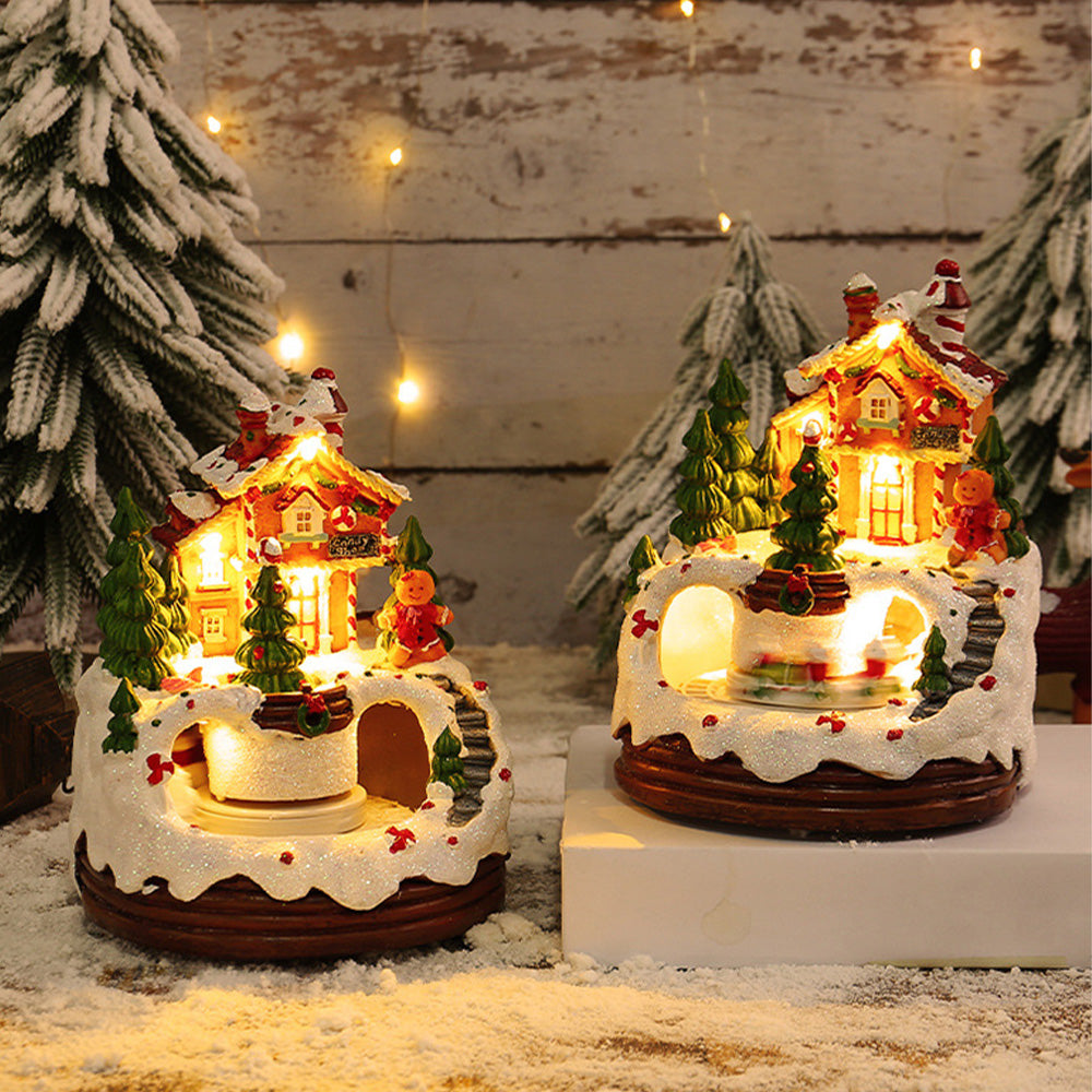 Warm Village House Resin Christmas Lightings With Music Box And Motorized Train