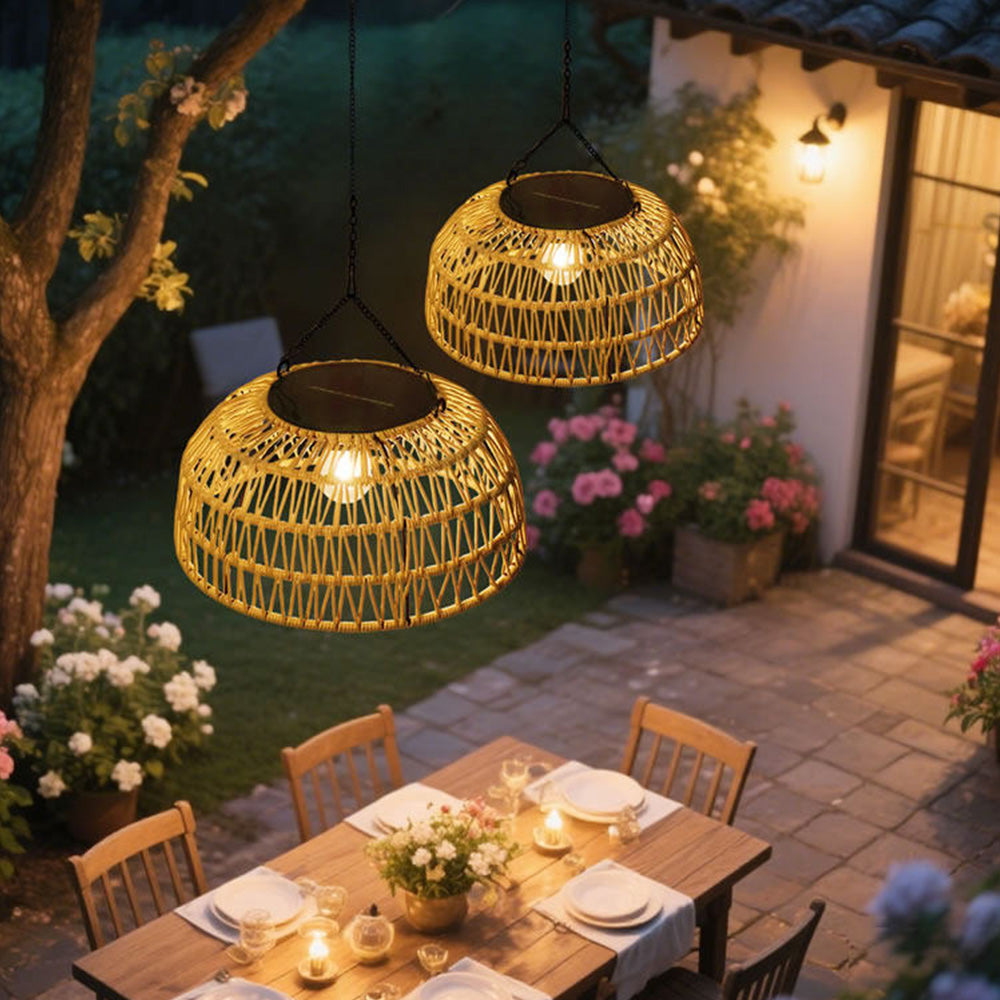 Outdoor Solar Dome Rattan Pendent Lights for Patio Garden Porch