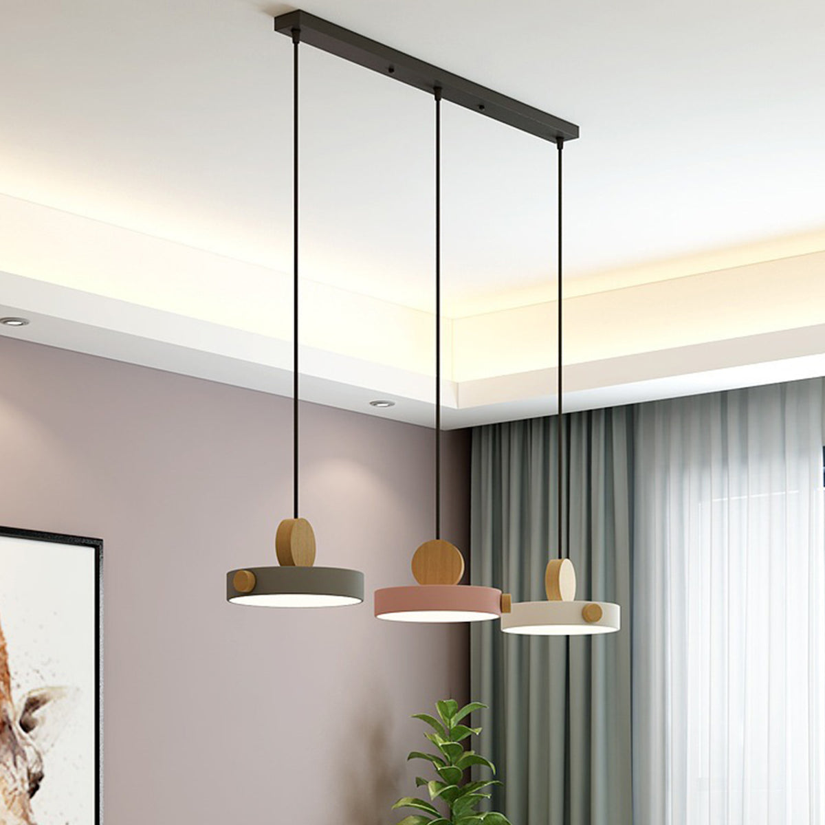 Nordic Circular Disc Iron & Wood Pendant Lights for Dining Area