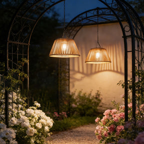 Waterproof Outdoor Solar Woven Rattan Pendant Lights for Porch Garden