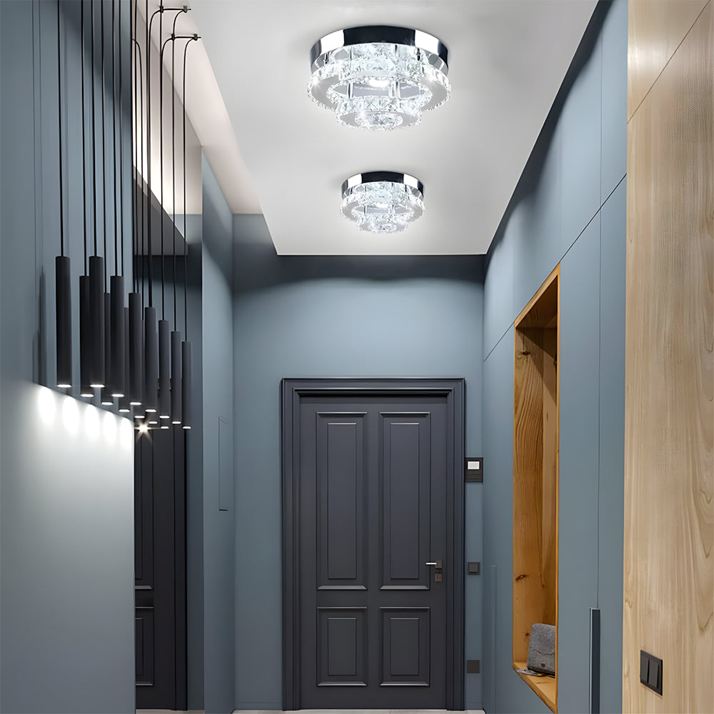 2 Layers Round LED Crystal Silver Ceiling Light for Hallway Kitchen