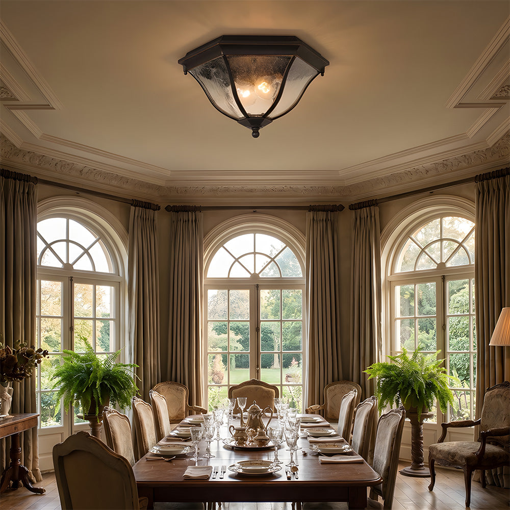 Octagonal Black Aluminum Seeded Glass Flush Mount Ceiling Light for Patio