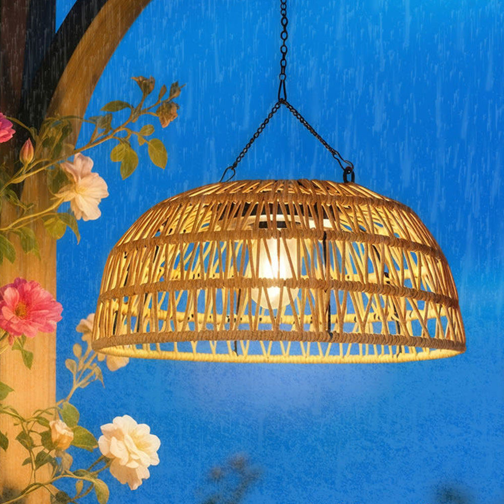 Outdoor Solar Dome Rattan Pendent Lights for Patio Garden Porch