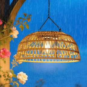 Outdoor Solar Dome Rattan Pendent Lights for Patio Garden Porch