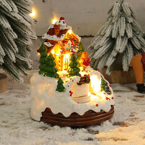 Warm Village House Resin Christmas Lightings With Music Box And Motorized Train