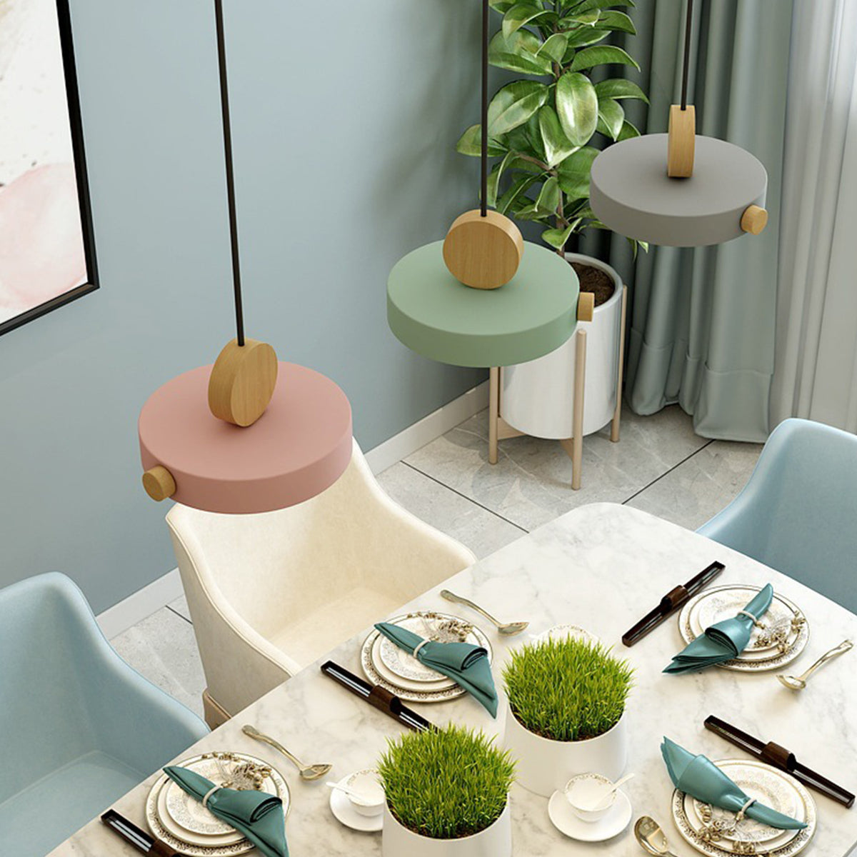 Nordic Circular Disc Iron & Wood Pendant Lights for Dining Area