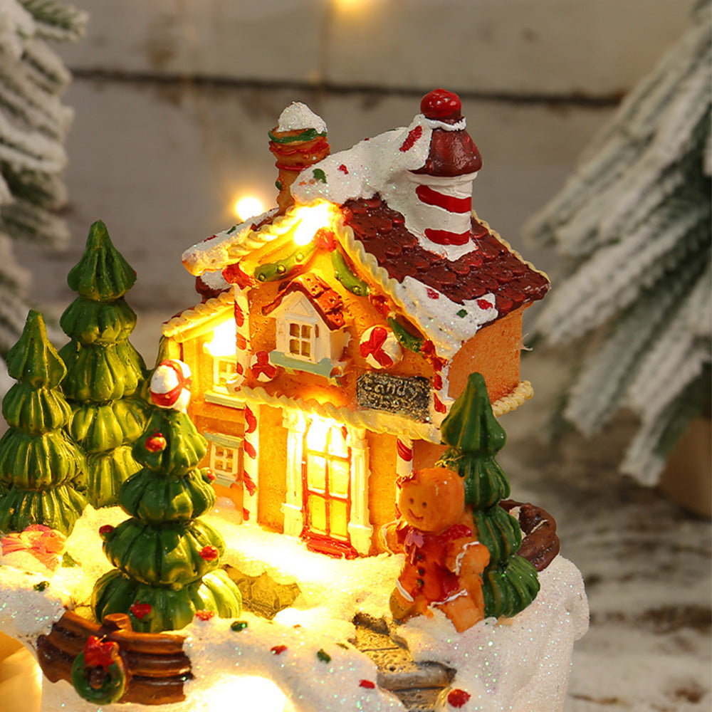 Warm Village House Resin Christmas Lightings With Music Box And Motorized Train