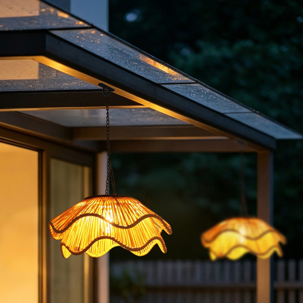 Outdoor Solar Wavy Woven Rattan Pendant Light for Patio Garden Gazebo