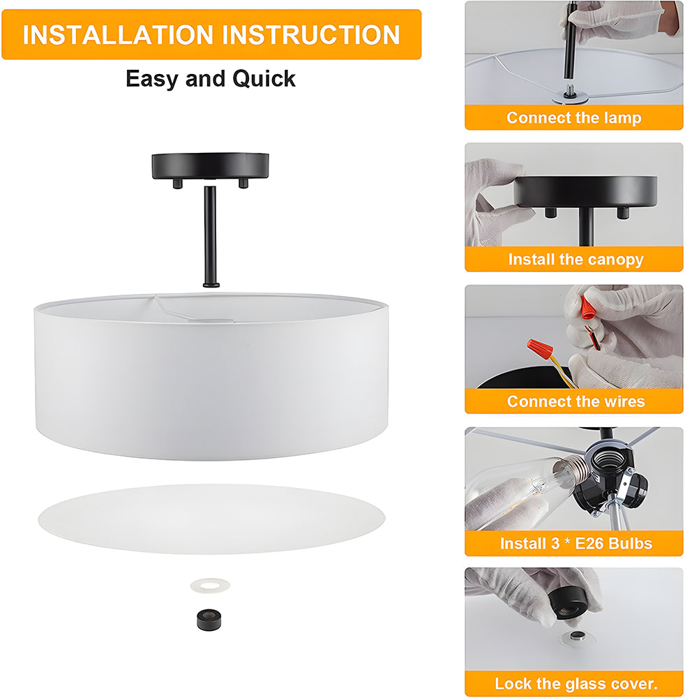 Semi Flush Mount 3-Light White Fabric Lamp shade