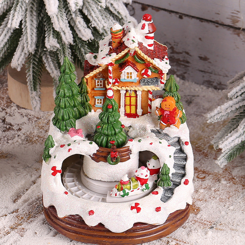 Warm Village House Resin Christmas Lightings With Music Box And Motorized Train