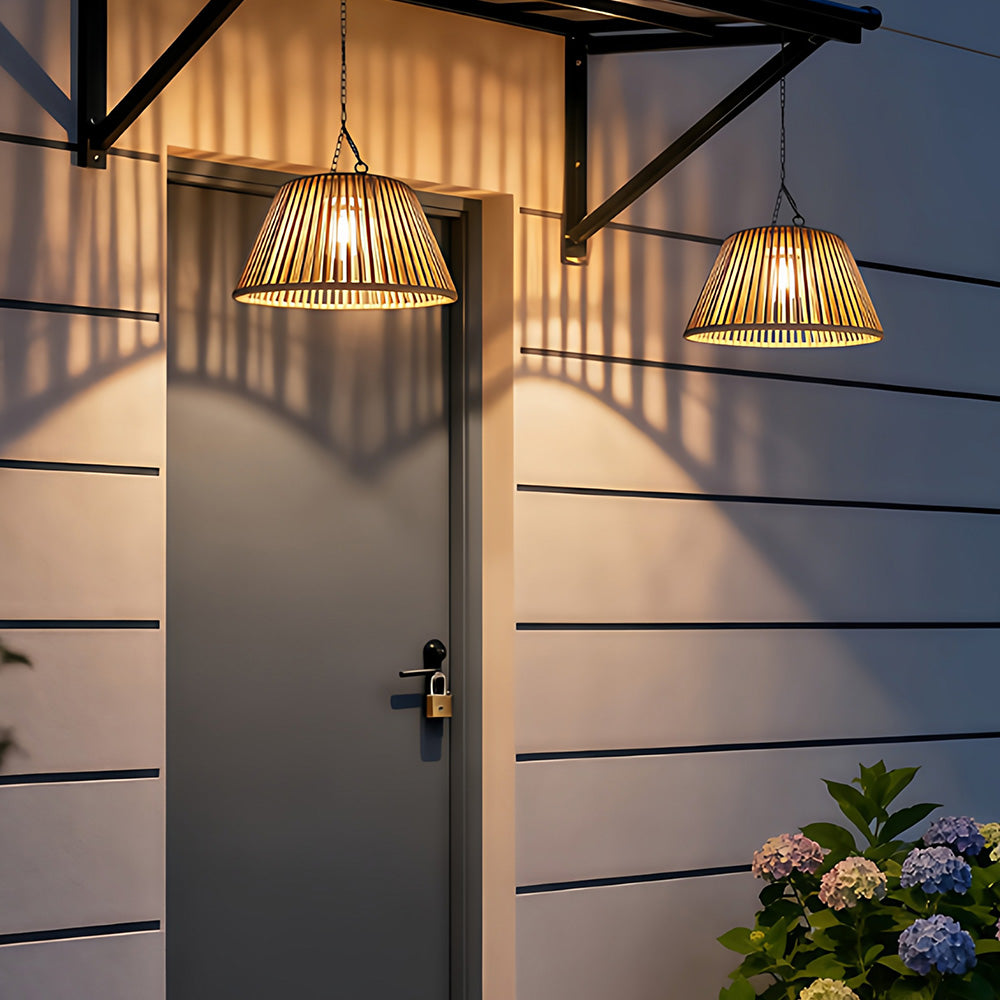 Waterproof Outdoor Solar Woven Rattan Pendant Lights for Porch Garden