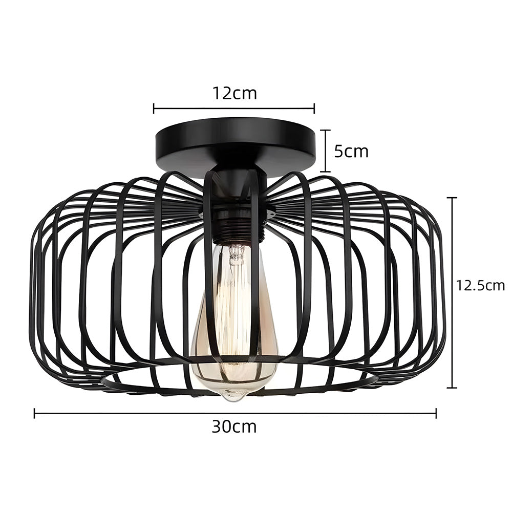 Industrial Black Semi Flush Ceiling Light Fixture, Metal Cage Lampshade Ceiling Hall Lighting