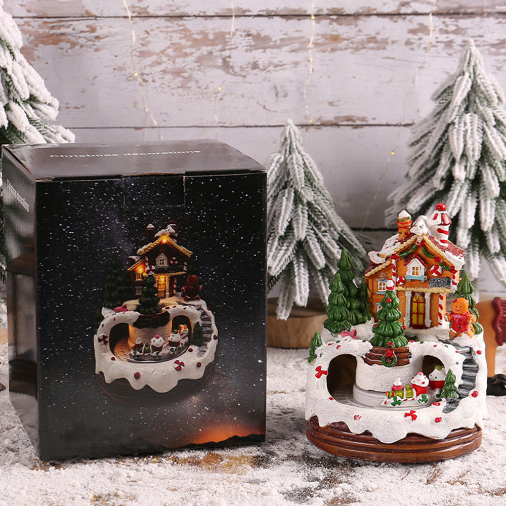 Warm Village House Resin Christmas Lightings With Music Box And Motorized Train