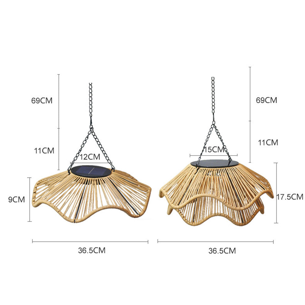 Outdoor Solar Wavy Woven Rattan Pendant Light for Patio Garden Gazebo