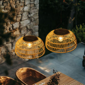 Outdoor Solar Dome Rattan Pendent Lights for Patio Garden Porch
