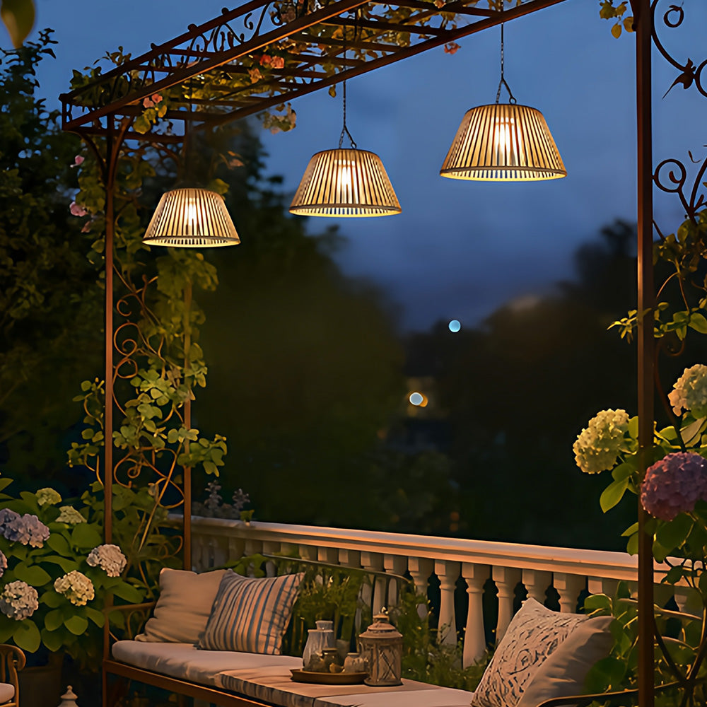 Waterproof Outdoor Solar Woven Rattan Pendant Lights for Porch Garden
