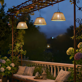 Waterproof Outdoor Solar Woven Rattan Pendant Lights for Porch Garden
