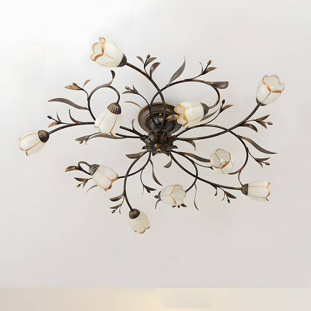 Traditional Floral Semi Flush Mount Glass Ceiling Lights for Bedroom