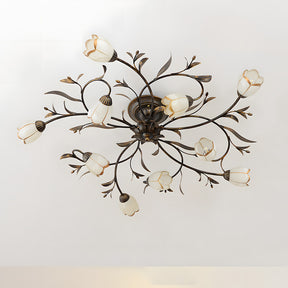 Traditional Floral Semi Flush Mount Glass Ceiling Lights for Bedroom