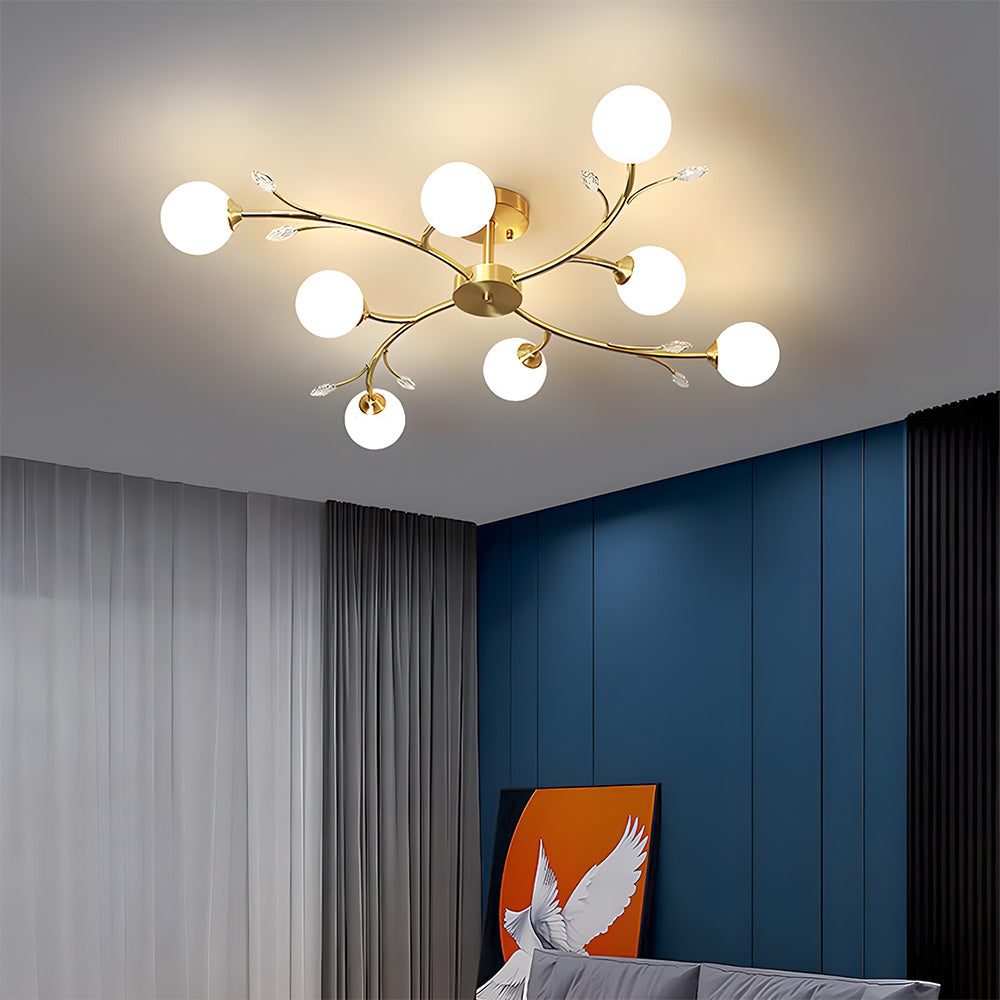 Spherical Semi-Flush Mount with Crystal-6/8/10/12 Lights Gold Ceiling Light