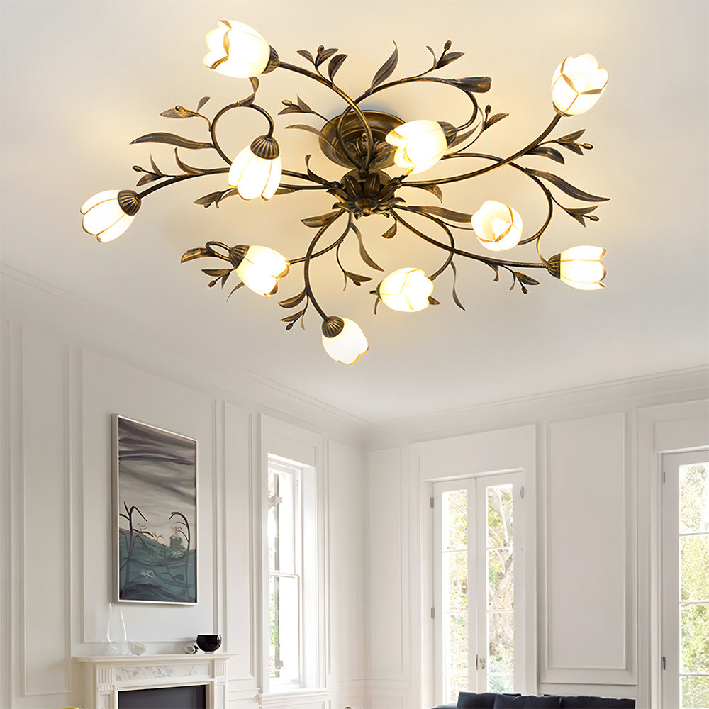 Traditional Floral Semi Flush Mount Glass Ceiling Lights for Bedroom