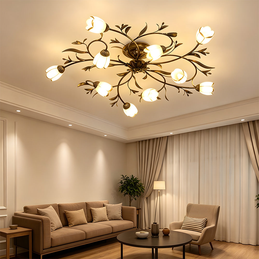 Traditional Floral Semi Flush Mount Glass Ceiling Lights for Bedroom