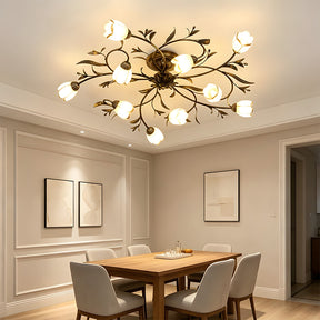 Traditional Floral Semi Flush Mount Glass Ceiling Lights for Bedroom