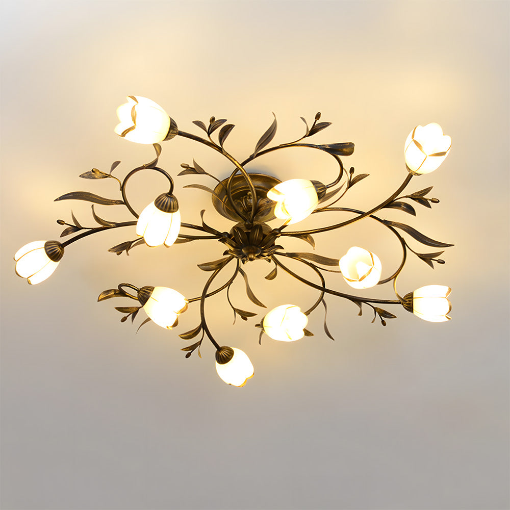 Traditional Floral Semi Flush Mount Glass Ceiling Lights for Bedroom