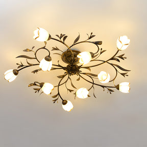 Traditional Floral Semi Flush Mount Glass Ceiling Lights for Bedroom