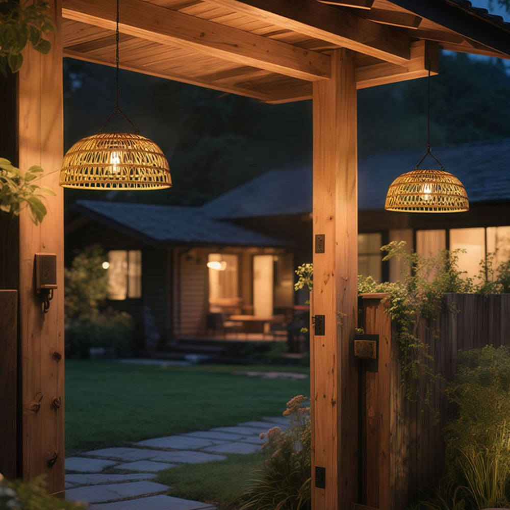 Outdoor Solar Dome Rattan Pendent Lights for Patio Garden Porch