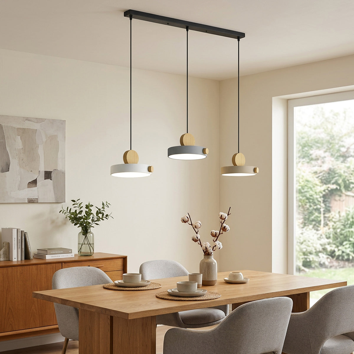 Nordic Circular Disc Iron & Wood Pendant Lights for Dining Area
