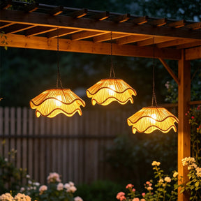 Outdoor Solar Wavy Woven Rattan Pendant Light for Patio Garden Gazebo