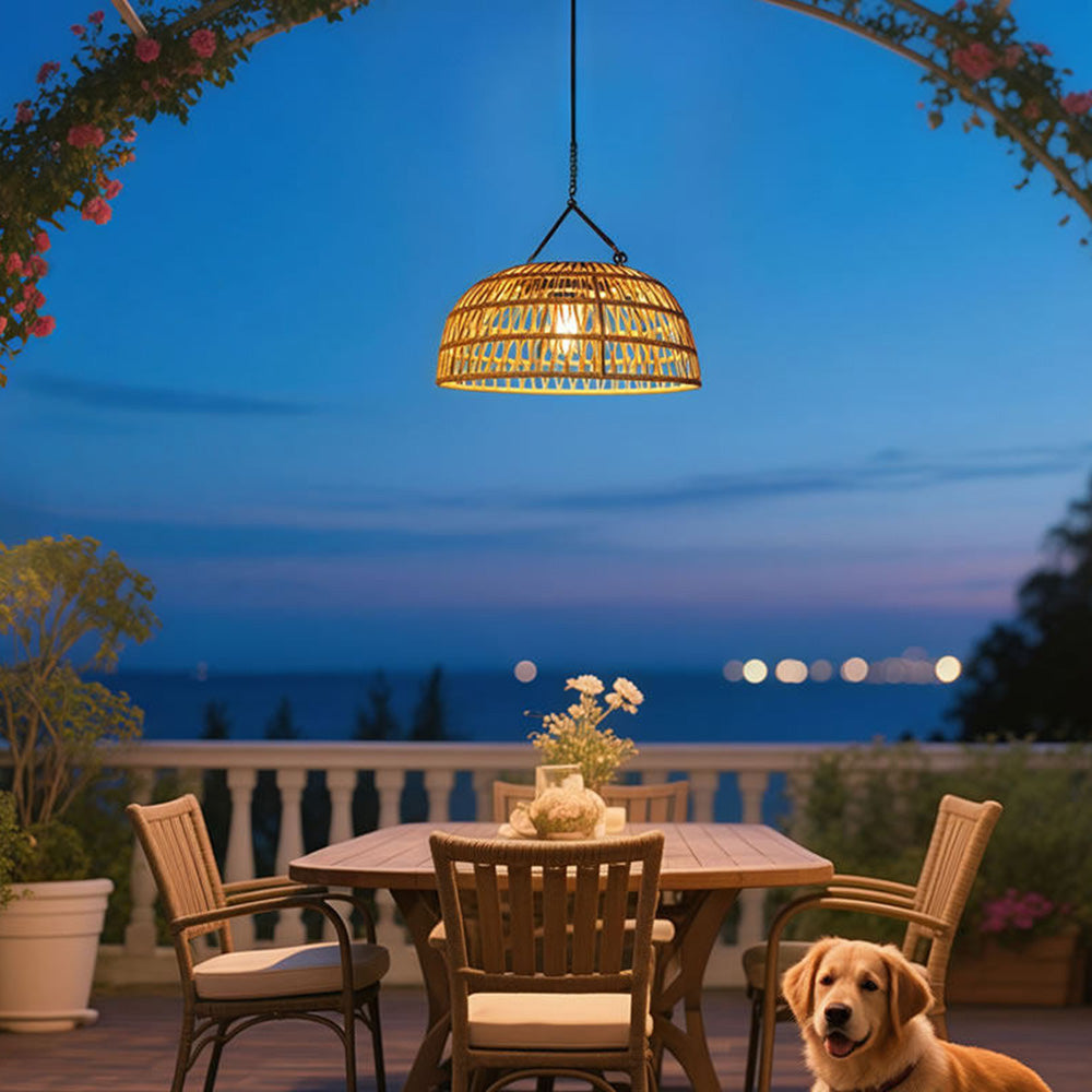 Outdoor Solar Dome Rattan Pendent Lights for Patio Garden Porch