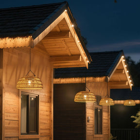 Outdoor Solar Dome Rattan Pendent Lights for Patio Garden Porch