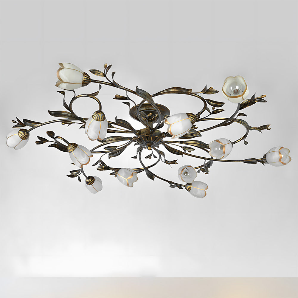 Traditional Floral Semi Flush Mount Glass Ceiling Lights for Bedroom
