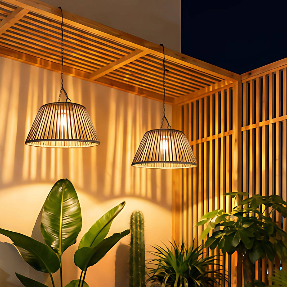 Waterproof Outdoor Solar Woven Rattan Pendant Lights for Porch Garden