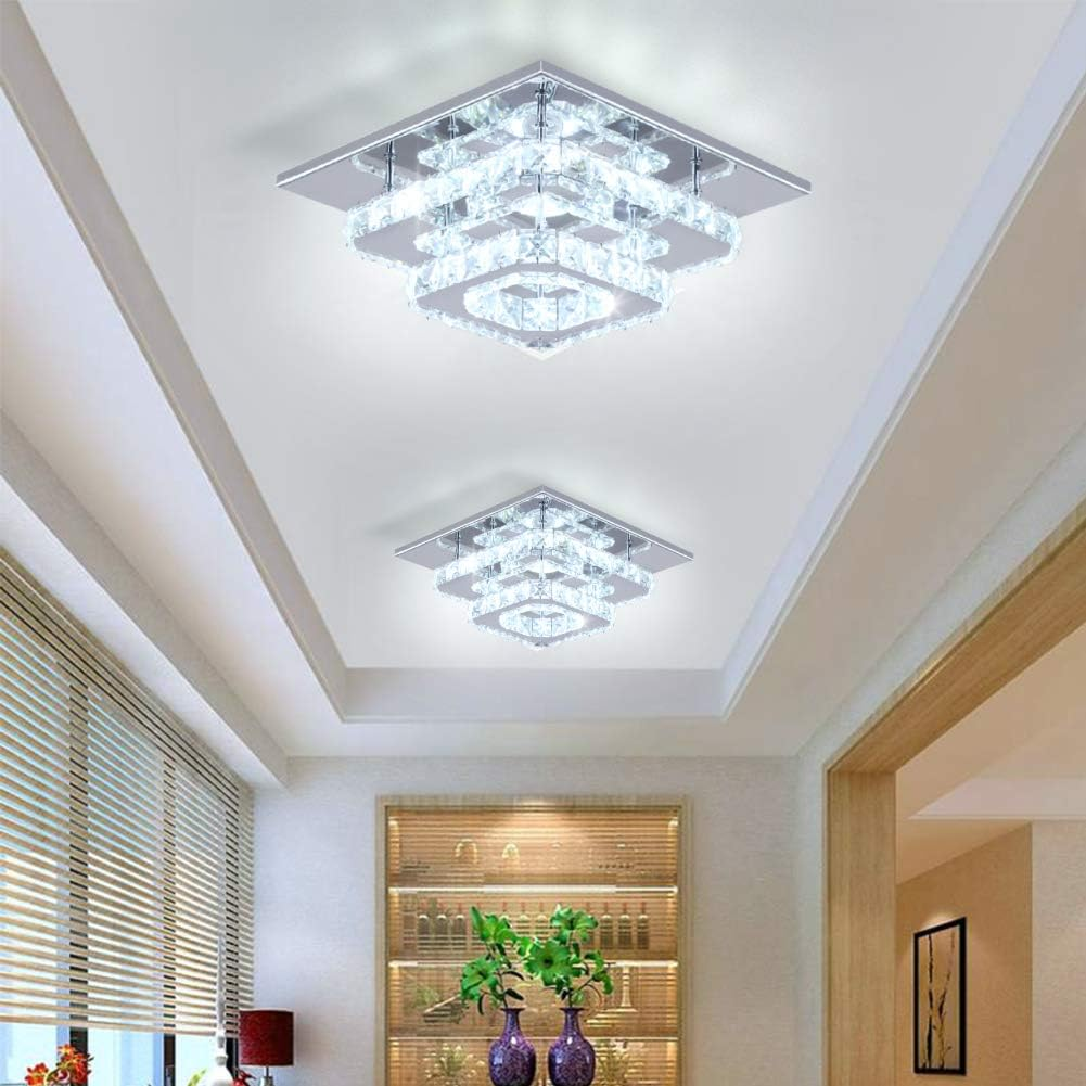2 Layers Round LED Crystal Silver Ceiling Light for Hallway Kitchen
