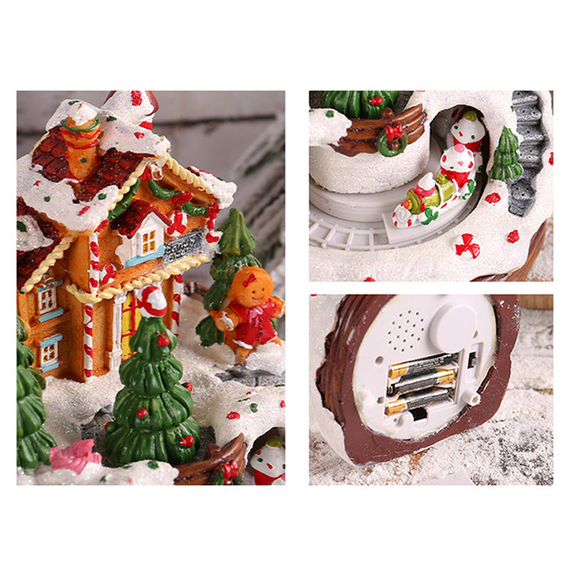 Warm Village House Resin Christmas Lightings With Music Box And Motorized Train