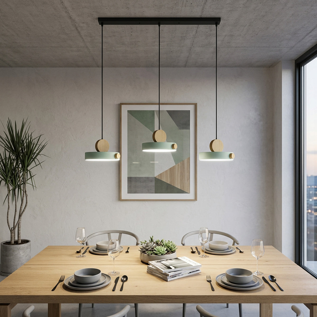 Nordic Circular Disc Iron & Wood Pendant Lights for Dining Area