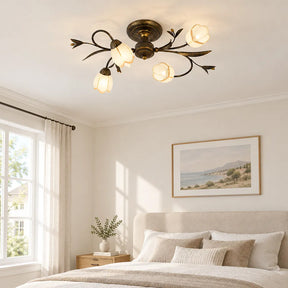 Traditional Floral Semi Flush Mount Glass Ceiling Lights for Bedroom