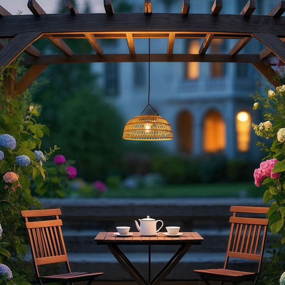 Outdoor Solar Dome Rattan Pendent Lights for Patio Garden Porch