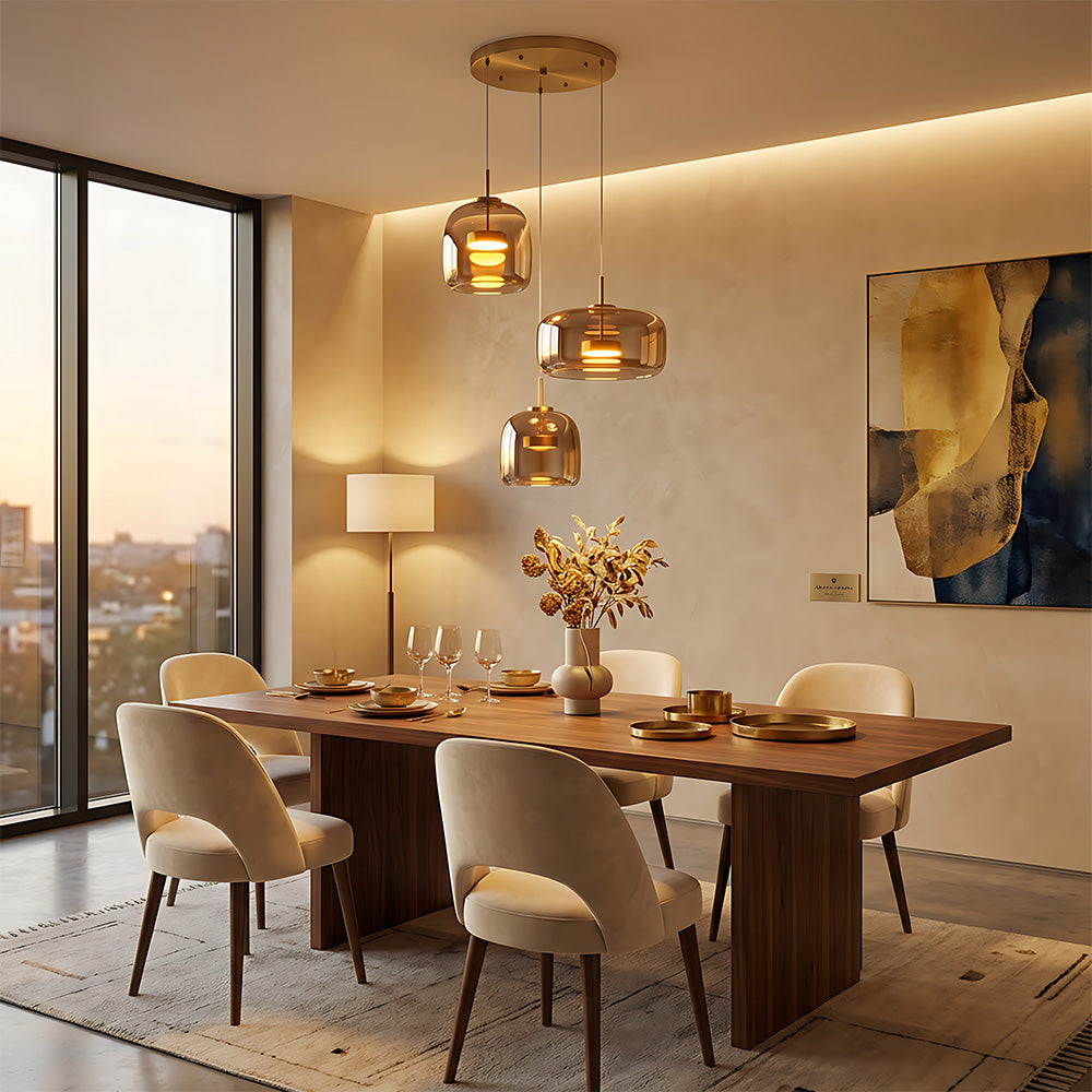 Elegant Amber Glass Iron LED Pendant Lights for Living Room