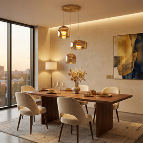 Elegant Amber Glass Iron LED Pendant Lights for Living Room