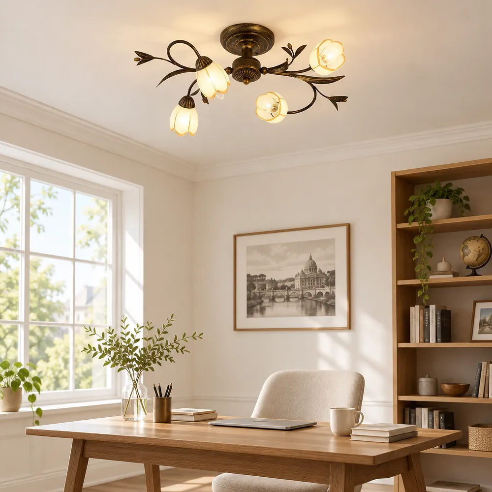 Traditional Floral Semi Flush Mount Glass Ceiling Lights for Bedroom
