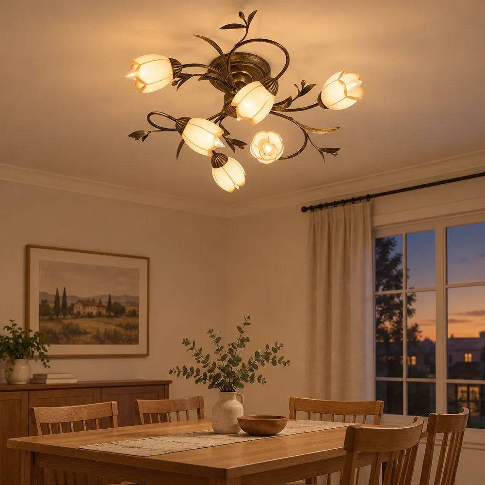 Traditional Floral Semi Flush Mount Glass Ceiling Lights for Bedroom