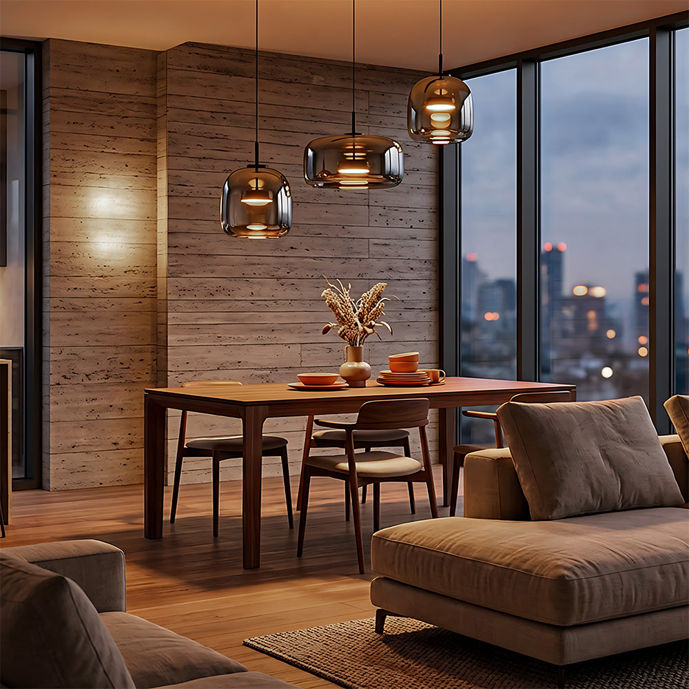 Elegant Amber Glass Iron LED Pendant Lights for Living Room
