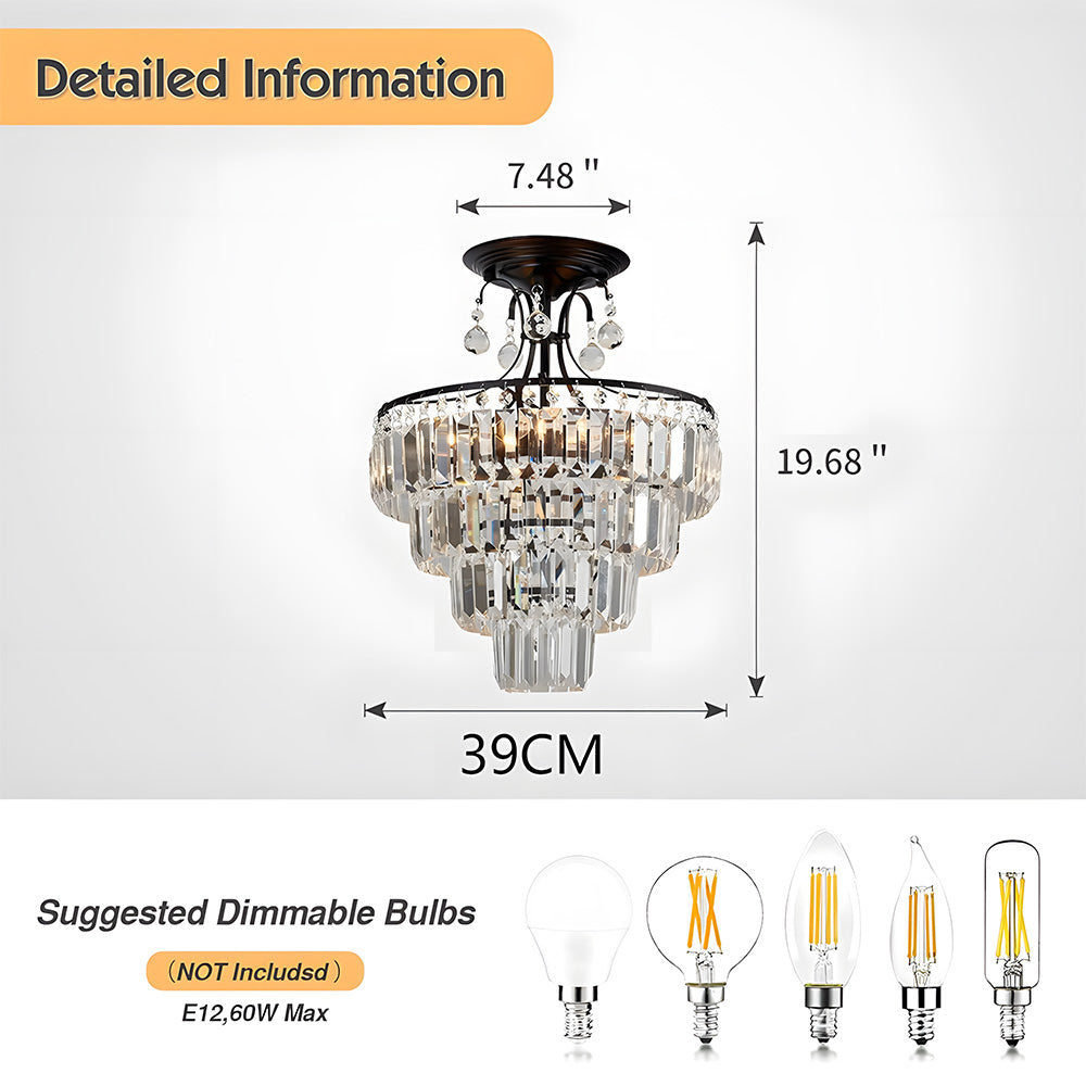 Crystal Silver/Black Semi Flush Mount Ceiling Light for Living Room Bedroom Hallway