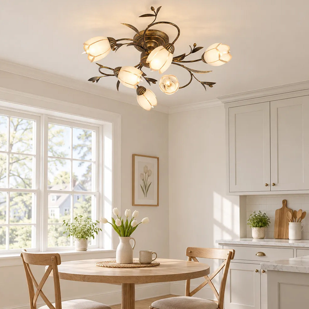 Traditional Floral Semi Flush Mount Glass Ceiling Lights for Bedroom
