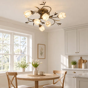 Traditional Floral Semi Flush Mount Glass Ceiling Lights for Bedroom