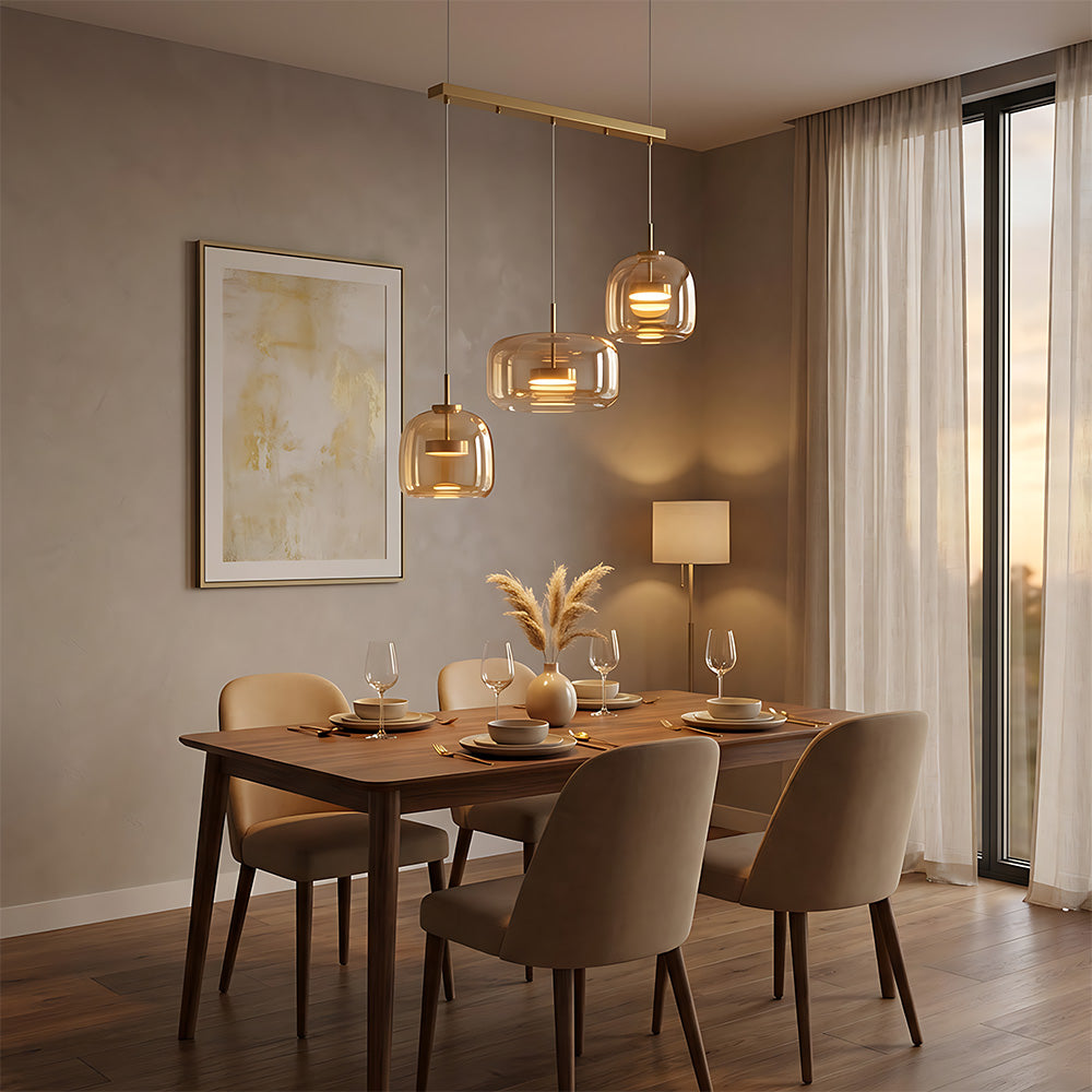 Elegant Amber Glass Iron LED Pendant Lights for Living Room